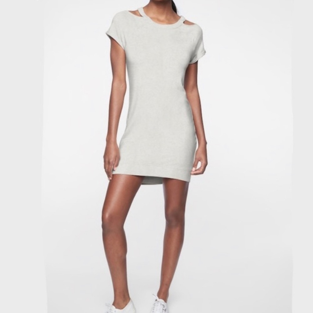 ATHLETA Shala Cold Shoulder Oatmeal Heather Midi Dress Womens SMALL TALL ST EUC